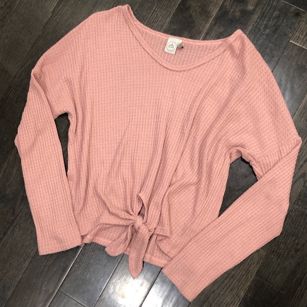 Paper crane waffle knit long sleeve front tie top
